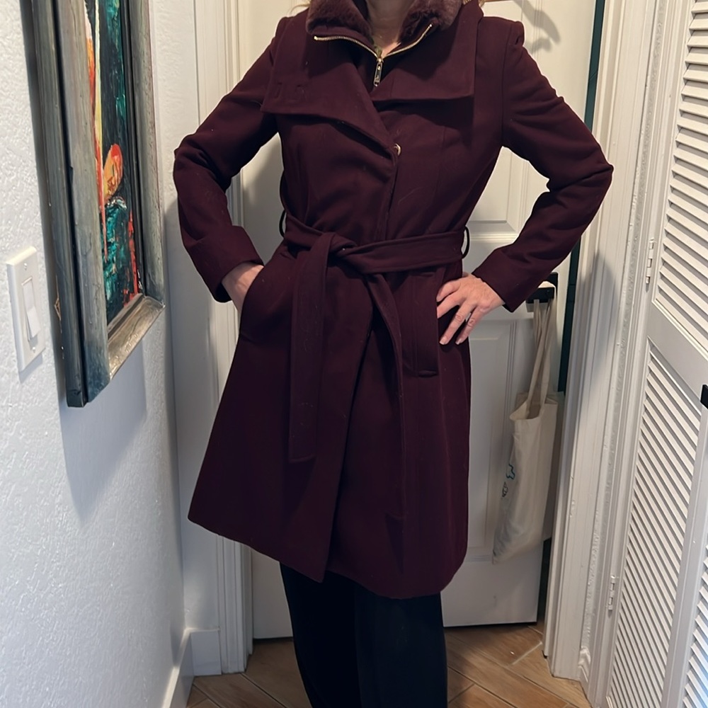 Sam Edelman Burgundy pea coat with fringe collar.